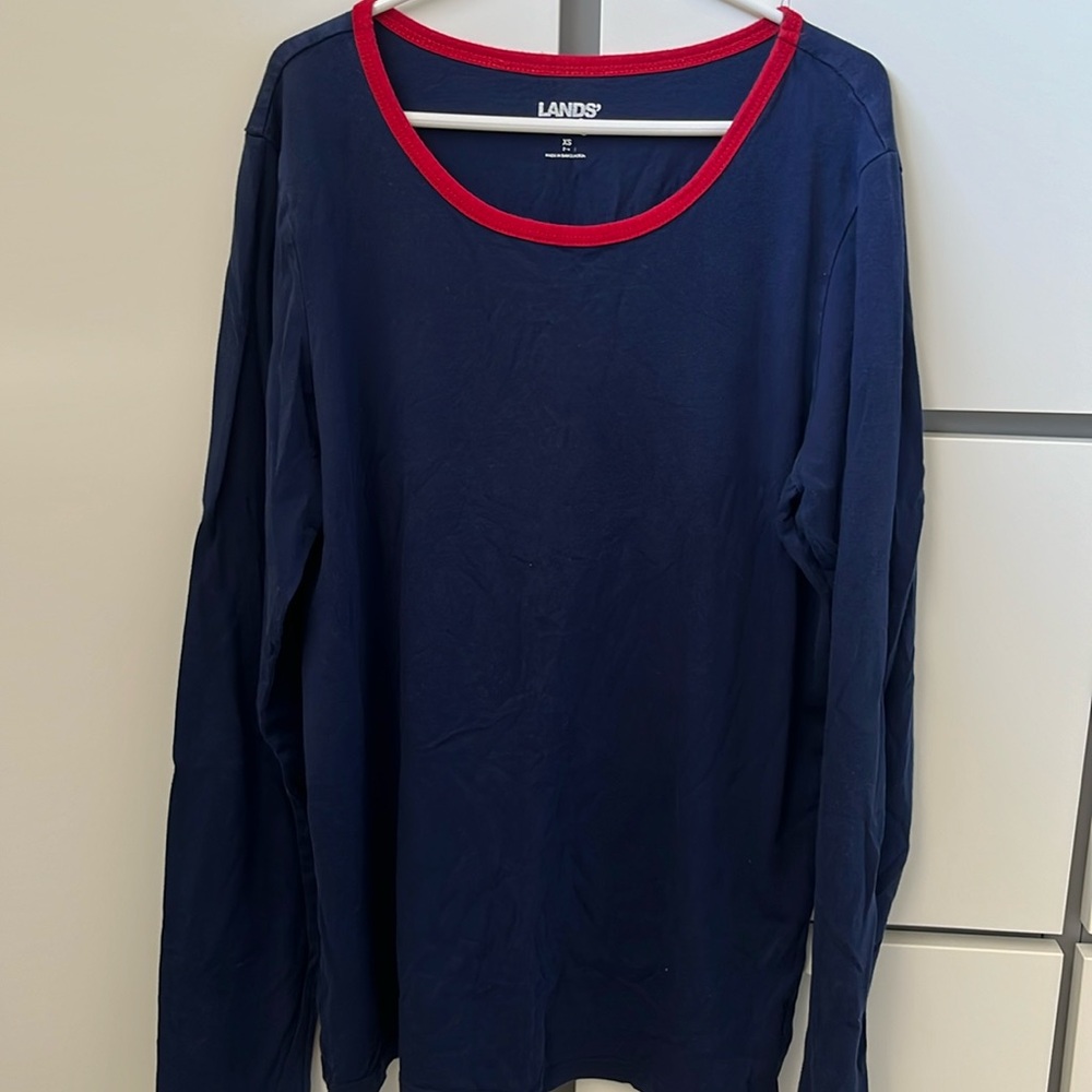 2 Lands’ End Shirts- Blue and Red Sleep Shirt Size XS, White long sleeve size M